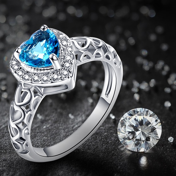 Bague Cœur en Cristal - Bleu / 57mm